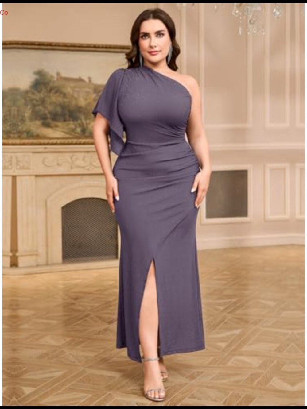 Plus Size One Shoulder Sparkly Maxi Dress Ruched Bodycon High Slit Evening Gown - Picture 4 of 6